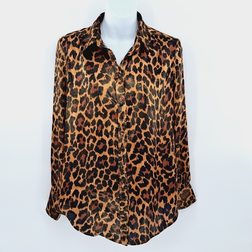 J.Crew Satin Finish‎ Cheetah Print Button Up Blouse Size 2